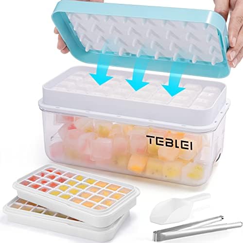 TEBLEI Ice Cube Trays, 64 Pcs Silicone Ice Cube Tray with Lid and Bin, Ice Cube Molds for Freezer, Easy Release & Save Space, 2 Trays, Tong, and Scoop, for Whiskey, Cocktail | Food Grade PP (Blue)