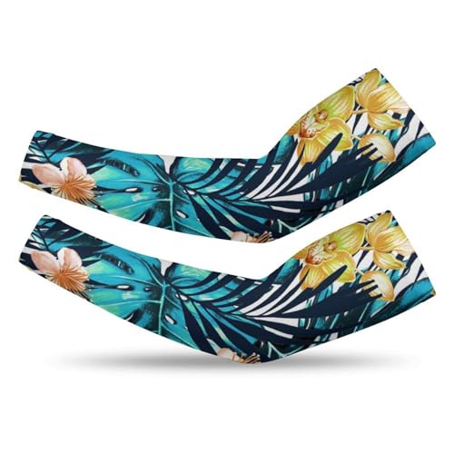 Xmkltbz 1 Pair Cooling Arm Sleeves, Unisex Warmer Spandex Sports Cover Uv Sun Protection for Cycling Golf Running 2XL Print Turquoise Blue Tropical Palm Trees Leaves with Yellow Orchid Flowers