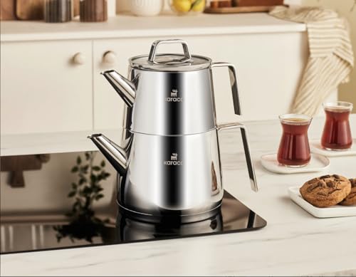 Karaca Steelina INOX Teapot Set 2-Piece Stainless Steel Turkish Tea Maker with Matching Accessories Durable and Stylish Infuser Set 15x15x15 cm (5.9x5.9x5.9 in) Silver Finish