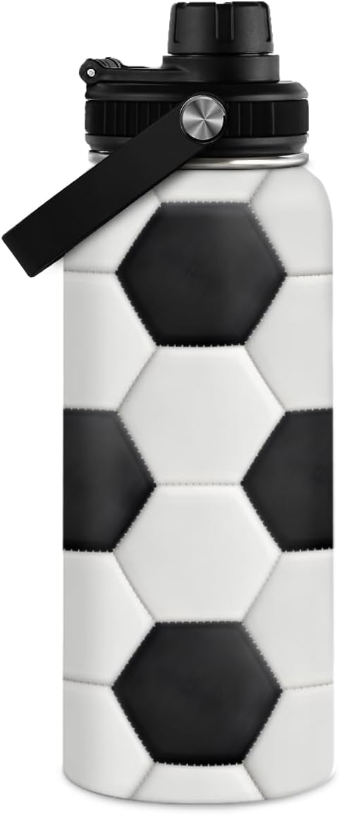 Soccer Water Bottle with Lid - 32oz Insulated Stainless Steel Sport Bottles - Men Soccer Player Fan Coach