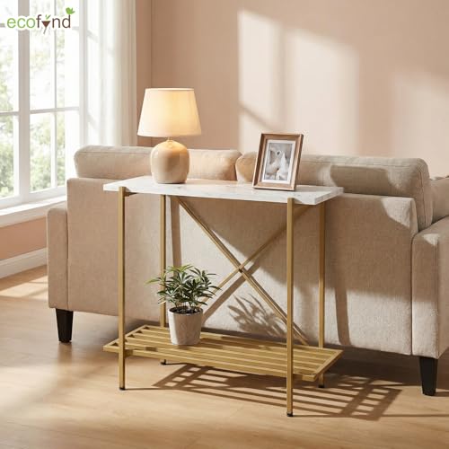 Image of ecofynd 26 Inch 2 Tier Console Table, Metal with Engineered Wooden top for Long Narrow Hallway, Entryway, Living Room, Dining Room, Office, Home Side Table Storage Shelves (WHTGO, CT005)