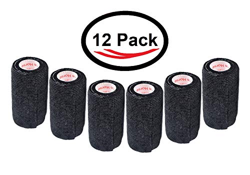 Image of 4 Inch Vet Wrap Tape Bulk (Black) (Pack of 12) Self Adhesive Adherent Adhering Flex Bandage Grip Roll for Dog Cat Pet Horse