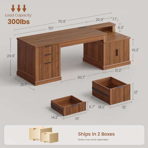 Image of SEDETA 70.9 inch Executive Desk, Fluted Office Desk with Drawers, Fluted Brown