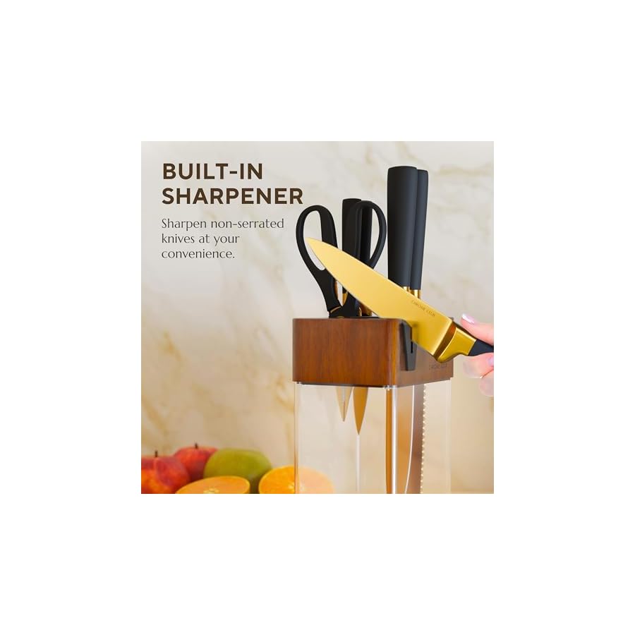 CHROME CLUB Black and Gold Knife Set with Block - 7 Piece Gold Kitchen Knife Set with Durable Clear Knife Block and Sharpener - Vibrant Black Knife Set with Scissors and Cleaning Wipe