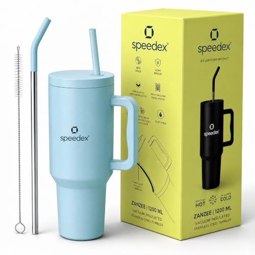 Image of Speedex 1200 ml Insulated Stainless Steel Tumbler with Handle, Straw & Cleaning Brush, Double Wall Leakproof Sipper Bottle, 24H Cold 18H Hot, Cup Holder Fit Travel Mug for Men Women (Sky Blue, 1.2 l)
