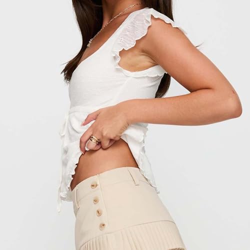 Women Y2K Lace Babydoll Tank Top Square Neck Cap Sleeve Peplum Shirt Slim Fit Jacquard Tie Bow Front T-Shirt Blouse4