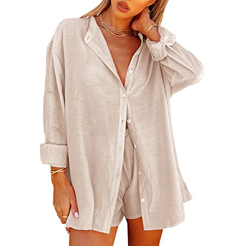 Seyumixi Women Casual 2 Piece Tracksuit Loose Button Blouse Shirt Top High Wasit Elastic Shorts Set Loungewear Summer Outfits(Button Apricot,S) #TOP2