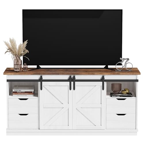 JUMMICO TV Stand with 4 Drawers for 65 Inch TV, Entertainment Center with Storage Cabinets and Sliding Barn Doors, Mid Century Modern Media TV Console Table for Living Room Bedroom (Bright White)