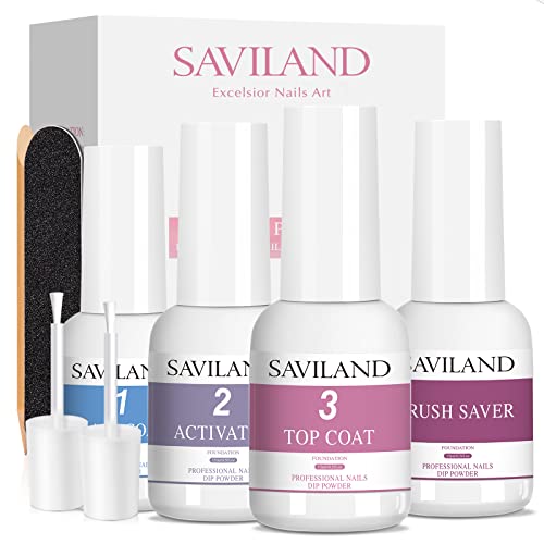 Saviland 4pcs 15ml Dipping Powder Liquid Set, Dip Powder Activator Base Top Coat and Brush Saver for Dip Powder Nail Kit,No Need Curing, Good for Nail Salon and Nail Beginners