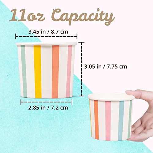 Image of MATICAN Paper Ice Cream Cups, 100-Count 11-Oz Disposable Dessert, Snack Bowls for Hot or Cold Food, 11-Ounce Party Supplies Treat Cups for Sundae, Frozen Yogurt, Soup, Pastel Stripes