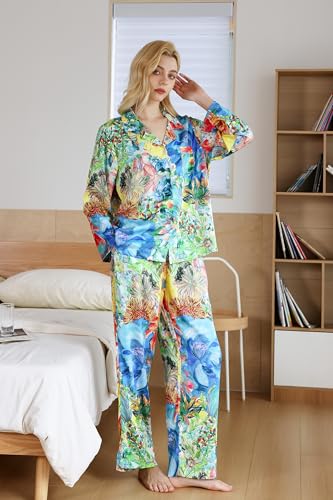 Image of YiNi LuLu Womens Silk Satin Pajamas Set Button Down 2 Piece Pjs Long Sleeve Oversized Sleepwear with Pockets