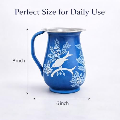 Image of iHandikart Handpainted Stainless Steel Water Jug| Decorative Steel Pitcher for Water, Juice & Milk | Floral Design Serving Jug for Kitchen, Dining & Home Decor | 8 x 6 Inch Multicolor