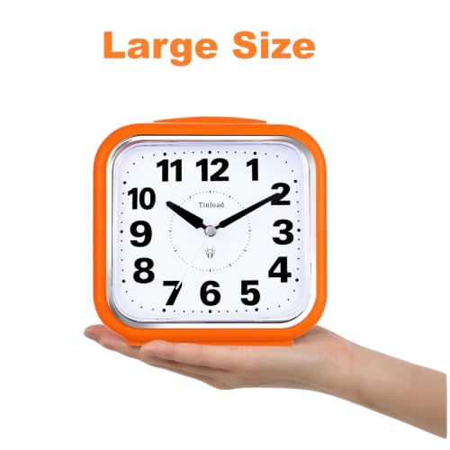 Image of Tinload 5.5 inch Large No Ticking Analog Alarm Clock,Silent Readable for Seniors,Easy to Set,Gradual Rise Alarm,Big Numbers,Gentle Wake,Snooze, Lighted on Demand,Battery Operated,Orange