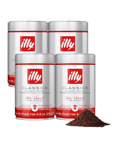 Illy Ground Moka Coffee - Classico Medium Roast - Mild & Balanced - 100% Arabica - Pre-Ground for Moka Pot - Pressurized Packaging Sealed for Freshness - 8.8oz - (Pack of 4)