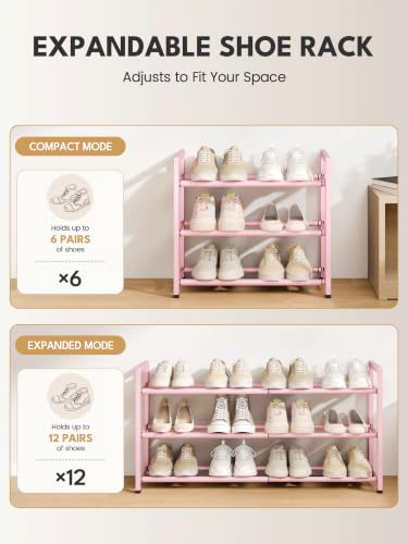 Image of Bumusty 3-Tier Expandable Shoe Rack for Closet, 18 inch-33 inch Adjustable Shoe Rack for Small Space, Small Shoe Organizer for Front Door, Sturdy Metal, Pink