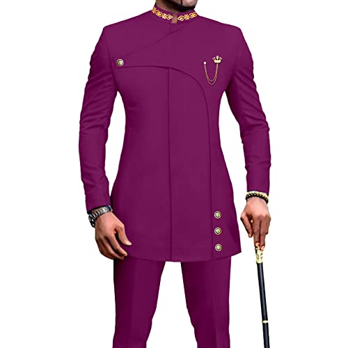 Men's 2 Pieces Suit Elegant Single Breated Slim Fit Embroidery Blazer Pants Set African Clothes Wedding