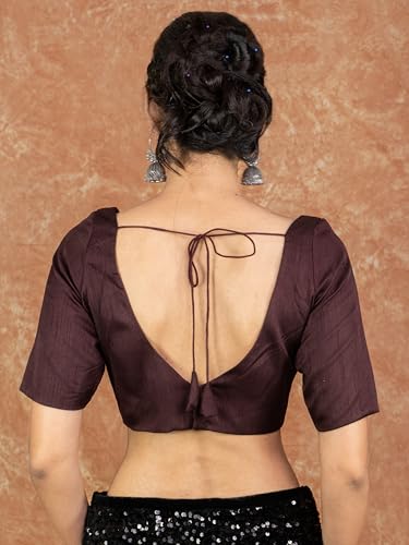 Image of FIGURE'S DESIGNER Women's Dupion Raw Silk Half Elbow Sleeves Sweetheart V Neck Sabyasachi Cut Readymade Saree Blouse S10
