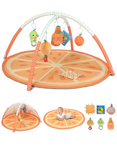 Image of Tummy Time Mat, 9-in-1 Orange Baby Play Gym Mat, Oversize Baby Play Activity Mats with Sunshade & 6 Detachable Sensory Toys, Washable Non-Slip Mat for Newborn Infant Baby Essentials Gift