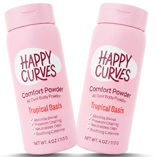 HAPPY CURVES Comfort Powder: Talc Free Anti Chafe Body &amp; Foot Dusting Powder Deodorant to Control Inner Thigh Chafing, Private Areas, and All Over Body for Women (4 Ounce (Pack of 2), Tropical Oasis)