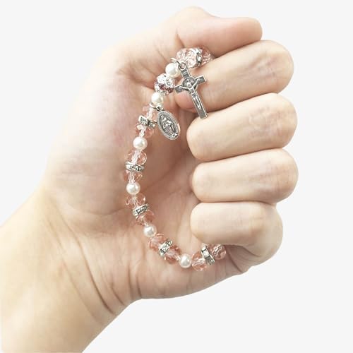 Women' Crystal Beads Rosary Bracelet Catholic Jewelry with Mini Cross Pendant and Virgin Mary Medal4