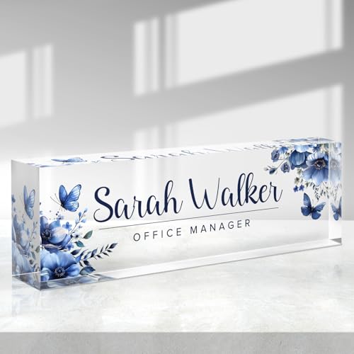 Custom Name Plate for Desk - Desk Name Plate Personalized - Acrylic Office Desk Accessories - Appreciation Gifts for Coworkers Employee Teacher Staff Boss - Office Decor for Women Men (Blue Flowers)