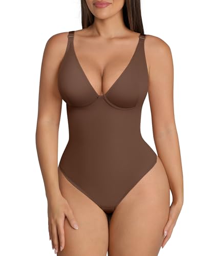 Image of FeelinGirl Shapewear Bodysuits for Women Tummy Control Body Suits Deep V Neck Thong Body Shaper
