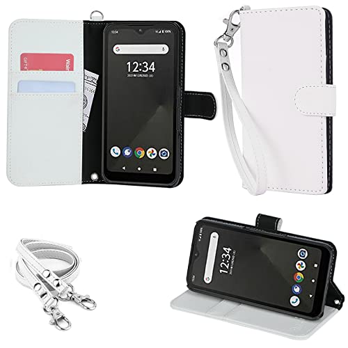 wisers arrows We F-51B FCG01 対応 手帳型スマホケース (ホワイト) 牛革調PUレザー (カードホルダー/スタンド機能付き) ストラップ 2種付 (ハンドストラップ/ネックストラップ) カード収納