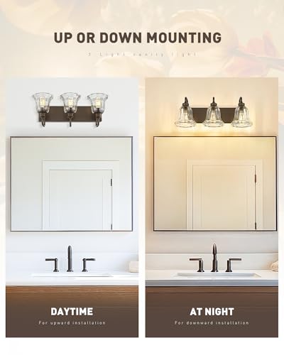 Image of zeyu 22 Inch Bronze Vanity Lights, Farmhouse Wall Sconce Lighting, 3 Light Bathroom Mirror Wall Light, Oil Rubbed Bronze Finish with Clear Striped Glass, ZJX117B-3W ORB