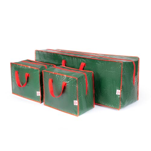Christmas Village Set of 3 Storage Bags - Tree Storage Bag and 2 Decoration Bags - Stores a Xmas Tree, Lights and Decorations Stores Ribbon Tinsel Wreath Stocking Lights Bow Tags (Green)