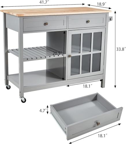 HOMHUM 42" Kitchen Island Cart on Wheels, Rolling Storage Cabinet Station with Solid Wood Top, 2 Drawers, Towel Rack, Open Display Shelf, Gray