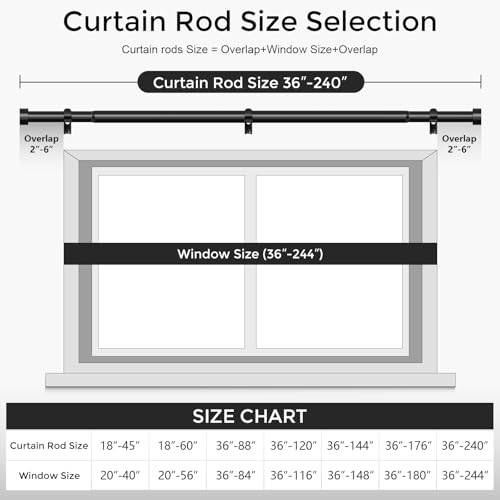 Black Curtain Rods for Windows 170 to 240 Inch(3-20 Feet),extra long drapery rod for large window,1" Diameter Rods with Modern Style End Cap Finials,Size:36-240 Inch