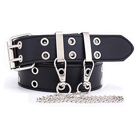 NiceYnn Double Grommet Belt with Detachable Adjustable Metal Chain - Faux PU Leather 3.3cm Wide Double Eyelet Rivet Studded Punk Belt Square Buckle Cover