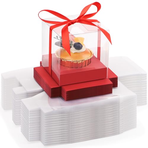 EUSOAR Cupcake Boxes, 3.5 Inch 100 Packs Muffins Gift Wrappers individual Cupcake Containers with Ribbon, Clear Dessert Pastry Holder Disposable Cookies Carrier for Wedding Party Favor Bakery-Red
