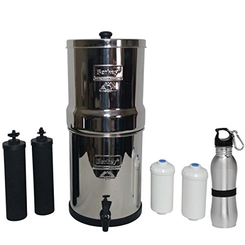 Big Berkey Water Filter 2.5 Gallon System Bundle: 2 Black BB9 Filters, 2 PF2 Fluoride Filters, 1 Stainless Steel Water Bottle