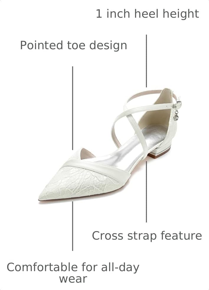 Image of Women's Pointed Toe Lace Wedding Flats for Bride Comfortable Strappy Wedding Shoes Low Heels Cross Strap Bridal Flats Evening Prom Party Dress Shoes Pumps