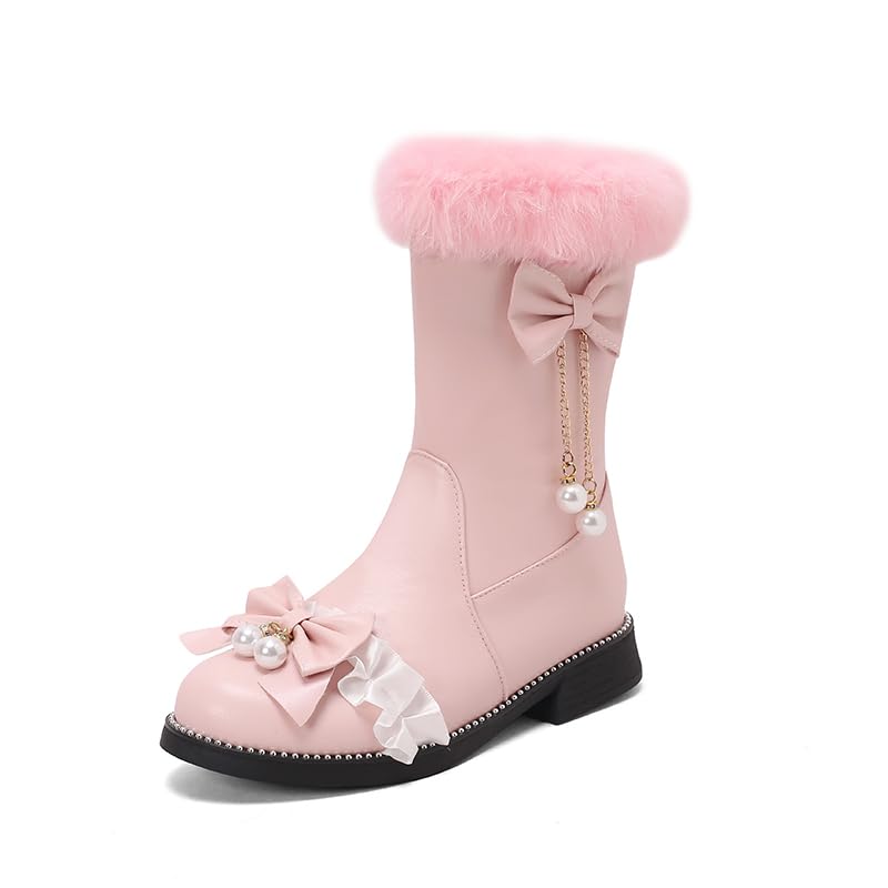 Caradise Women's Lolita Winter Boots Cute Bow Low Chunky Heel Mid Calf Warm Fur Lined Snow Short Boots with Zipper