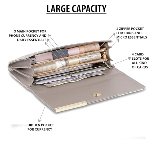 Image of Wallet for Women Girls Stylish Floral Faux Leather with Phone Space Coin Compartment Mobile Storage 4 Card Slots Holder Cash Zip Pockets Hand Clutch for Daily Use Ladies Long Purse (Grey)