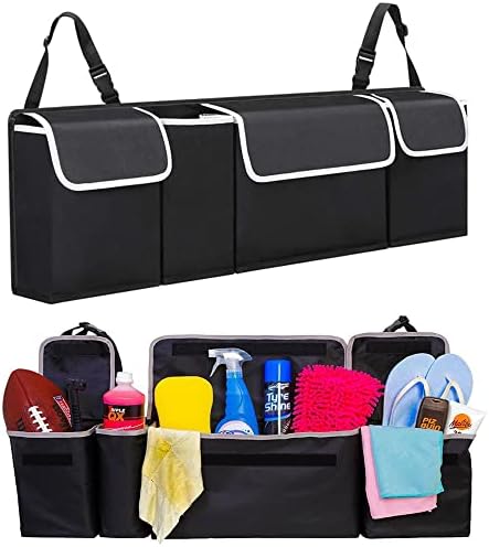 Car Trunk Boot Organizer Storage, MYKOMI Seat Back Protectors Backseat Hanging Organizer for SUV Truck MPV Waterproof 4 Pockets Collapsible Cargo Storage Bag, Car Interior (Black 35.4''x9.8'')