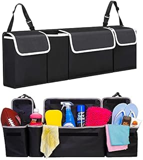 Car Trunk Boot Organizer Storage, MYKOMI Seat Back Protectors Backseat Hanging Organizer for SUV Truck MPV Waterproof 4 Pockets Collapsible Cargo Storage Bag, Car Interior (Black 35.4''x9.8'')