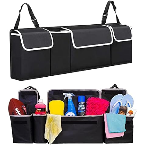 Car Trunk Boot Organizer Storage, MYKOMI Seat Back Protectors Backseat Hanging Organizer for SUV Truck MPV Waterproof 4 Pockets Collapsible Cargo Storage Bag, Car Interior (Black 35.4''x9.8'') Cover