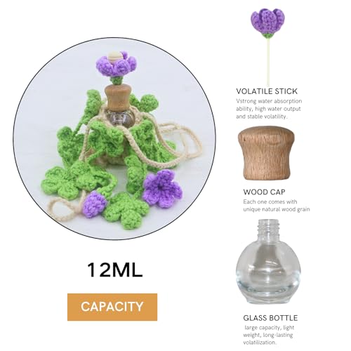 Image of ROFIGL Handmade Crochet Hanging Car Air Freshener - Lucky 4-Leaf Clover Charm with 12ml Refillable Glass Essential Oil Diffuser Bottle, St. Patrick's Day Car Accessories & Bedroom Lucky Decor