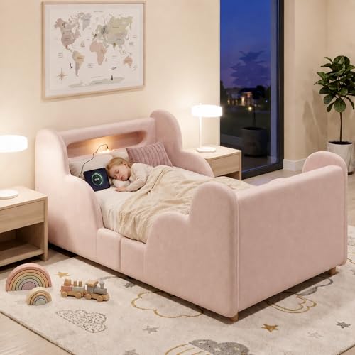 TOBIDOEN Cama infantil tapizada de 90 x 200 cm, con protección completa, tela de terciopelo suave, compartimentos, pies de madera maciza y diseño inspirado en nubes, para niñas y niños, color rosa