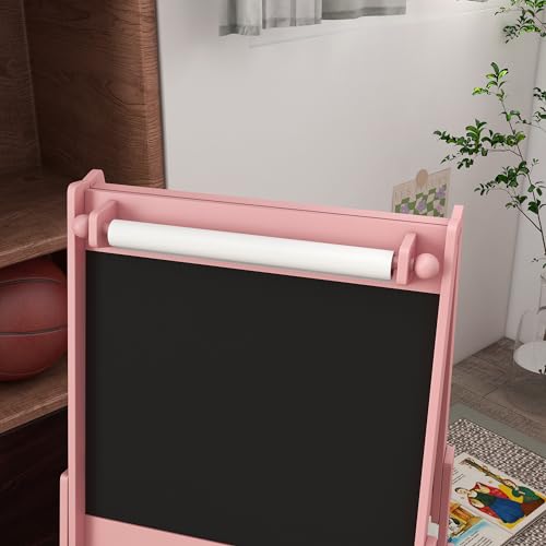Image of Qaba Art Easel for Kids with Paper Roll, 3 in 1 Toddler Painting Easel with Blackboard, Whiteboard, Storage Baskets, Pink