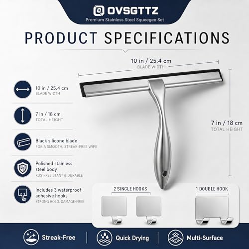 Image of Shower Squeegee for Glass Doors, Stainless Steel Bathroom Squeegee with 3 Kinds of Waterproof Adhesive Hooks, 10 Inch Window Mirror Tile Wall Car Glass Cleaner Tool, Streak-Free Silicone Blade