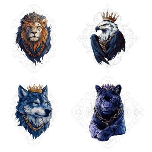 SUPERDANT 4Pcs Roi Des Animaux Transfert Textile Thermocollant Lion Aigle Loup Tigre Patch Thermocollant Autocollant Lavable Pour Vêtements T-Shirts DIY...