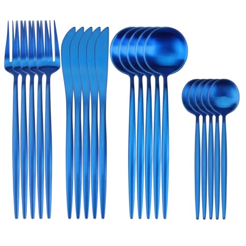 Image of 20 pcs Flatware Set, Blue Silverware Set for 5, Knife Fork Spoon, Stainless Steel Home Dinnerware Tableware,Mixed Cutlery Set Eating Utensils for Restaurants (20 Pcs Blue)