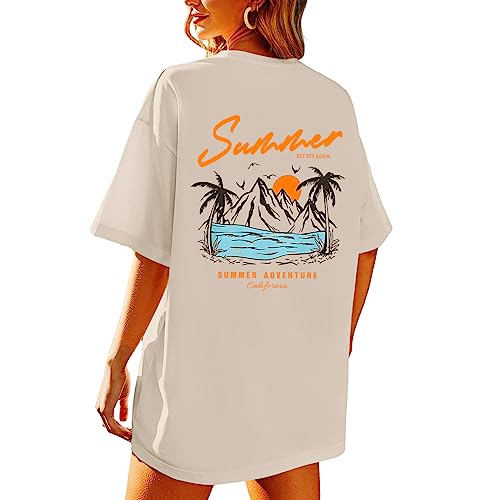 KEEVICI California T Shirt Beach Oversized Graphic Tees for Women Vintage Adventure Shirts Baggy Summer Cotton Vacation Tops