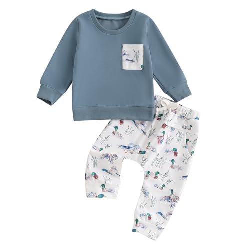 Image of Doqcey Toddler Boy Hunting Outfit Mallard Duck Long Sleeve Sweatshirt Top Casual Pants Set Baby Duck Hunter Clothes (Blue, 6-12 Months)