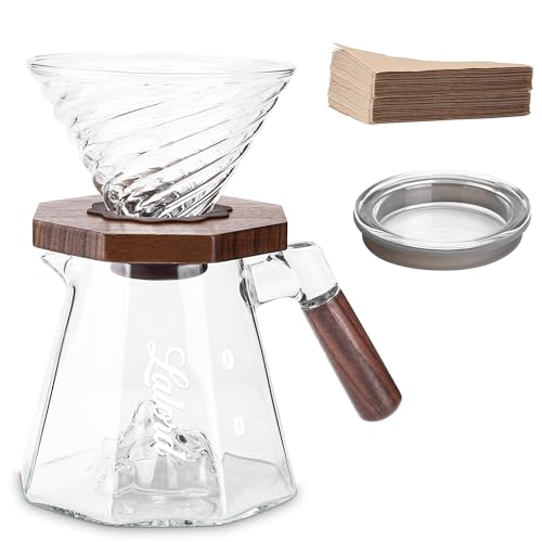 Image of Lalord Pour Over Coffee Maker, 20 oz Borosilicate Glass Set with 100 pcs V60 Paper Filter, Walnut Collar & Glass Lid, Drip Coffee Maker, 1-3 Cups, Clear (B-600 ml Set)