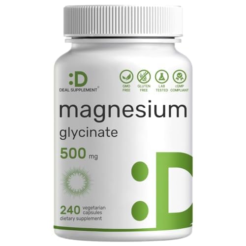 Magnesium Glycinate 500mg, 240 Veggie Capsules – 100% Chelated for Easy Absorption – Highly Purified Essential Trace Mineral Supplement – Non-GMO, Vegan Friendly 240 Count (Pack of 1)